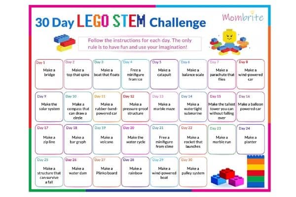 Free Printable 30 Day LEGO STEM Challenge Calendar Mombrite