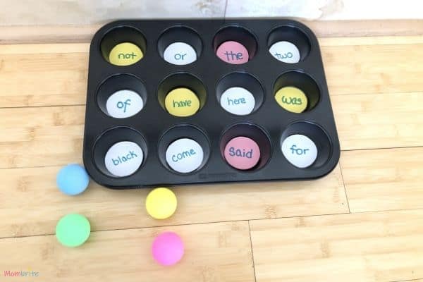 Muffin Tin Ping Pong Sight Word Game