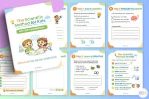Printable scientific method worksheets for elementary students including a kid-friendly activity workbook cover
