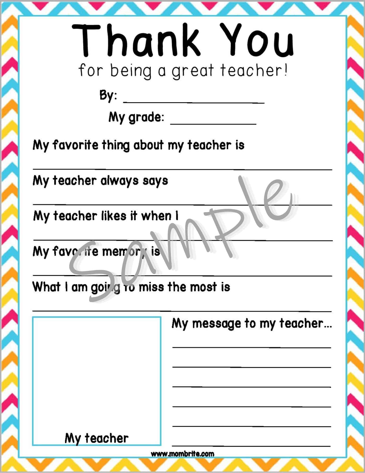 Thank You For Being A Great Teacher Printable
