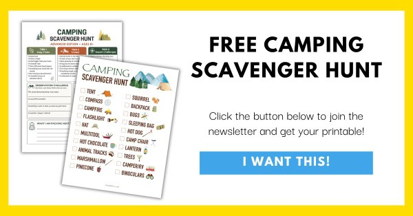 Click to download the free camping scavenger hunt printable with two versions for kids