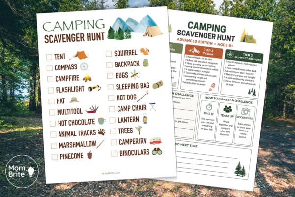 Free printable camping scavenger hunt for kids - preschool and older kid versions