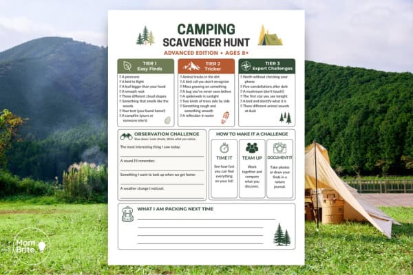 Advanced camping scavenger hunt printable for older kids ages 8 and up