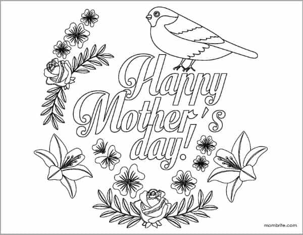 Mother's Day Coloring Page with Bird and Flowers