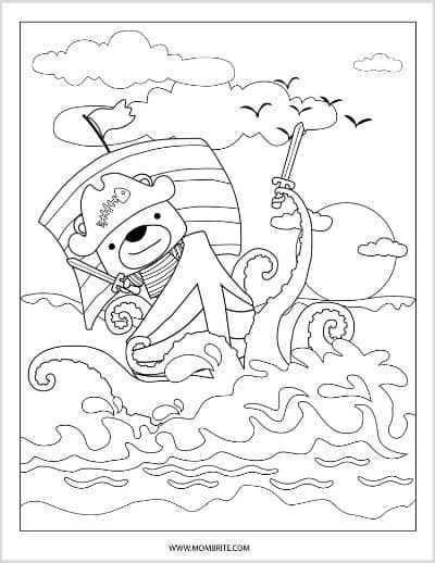 Pirate Ship and Sea Monster Coloring Page