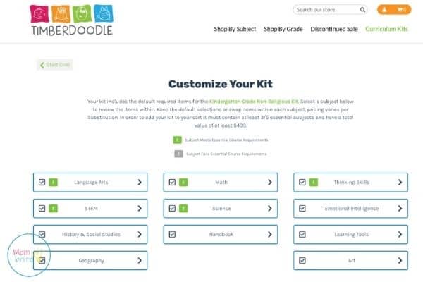 Timberdoodle Kindergarten Custom Curriculum Kit: Unboxing and Review Timberdoodle Custom Kit Builder