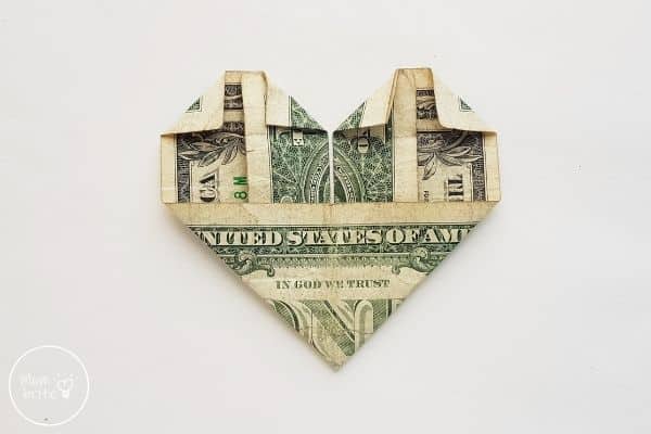 dollar bill origami heart fold top inside corners down