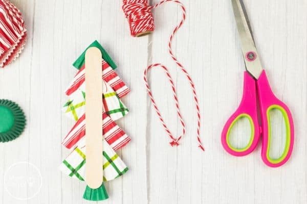 Cupcake Liner Christmas Tree Ornament Craft Glue Liners to Popsicle Stick