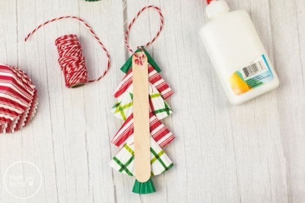 Cupcake Liner Christmas Tree Ornament Craft Glue Twine Loop
