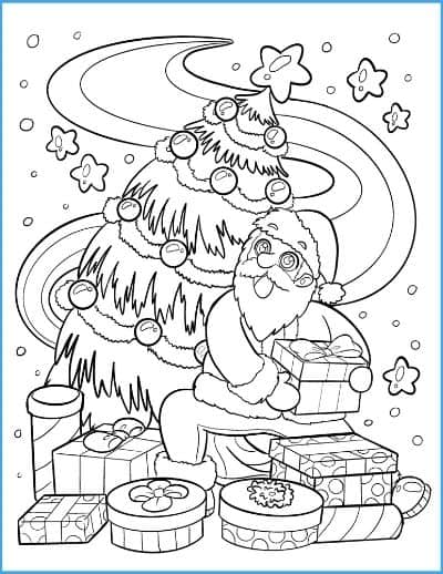 Santa Claus and Christmas Tree Coloring Page