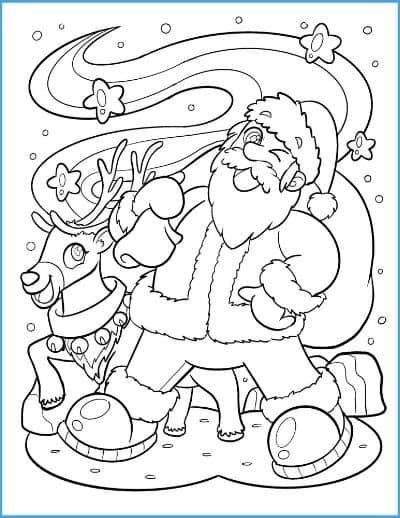 Santa Claus and His Reindeer Coloring Sheet