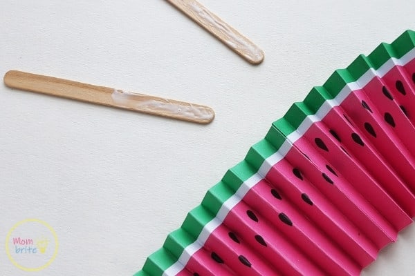Watermelon Paper Fan Craft Apply Glue On 2 Popsicle Sticks