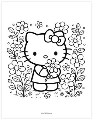 Hello Kitty Holding Flowers Coloring Page