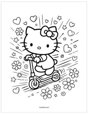 Hello Kitty Riding a Scooter Coloring Page
