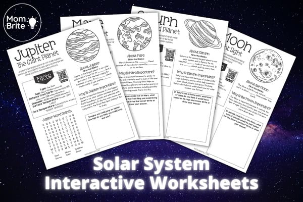 Four pages in the Solar System Worksheets for Kids, including Jupiter, Mars, Saturn, and the Moon