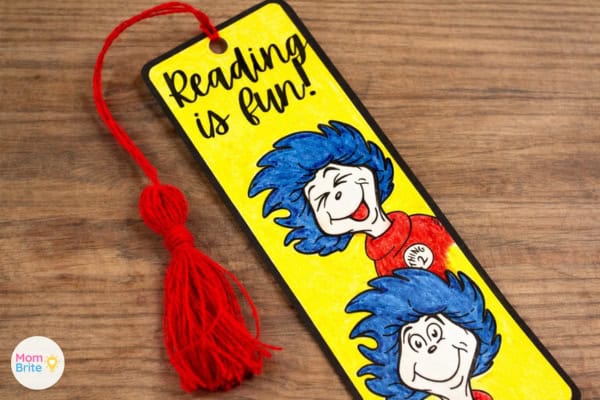 Colored Thing 1 and Thing 2 printable bookmark with red yarn tassel
