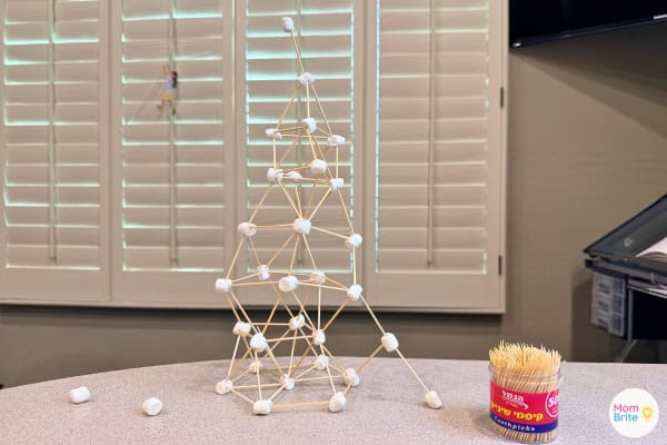 Finished marshmallow and toothpick tower on table