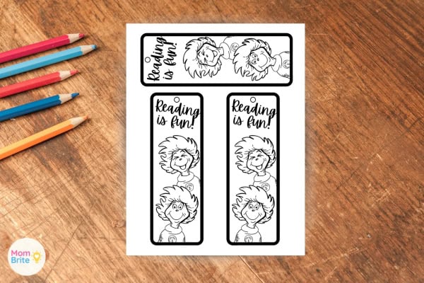 Free printable Thing 1 and Thing 2 bookmarks template with three bookmark designs to color