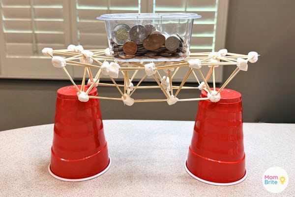 Marshmallow and toothpick bridge spanning two Solo cups holding a container of coins for kids STEM challenge