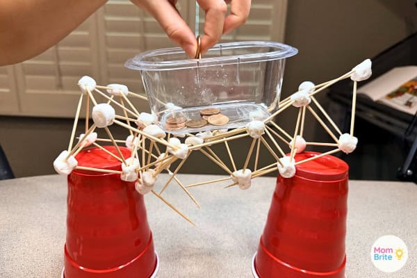 Marshmallow bridge breaking apart under the weight of pennies