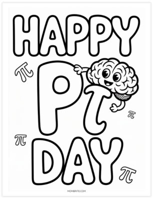 Happy Pi Day coloring page with a cartoon brain character peeking around the letter P