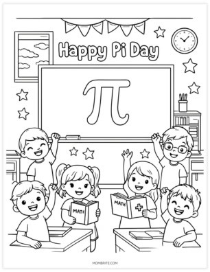 Happy Pi Day coloring page with kids celebrating in a classroom around a chalkboard showing the pi symbol