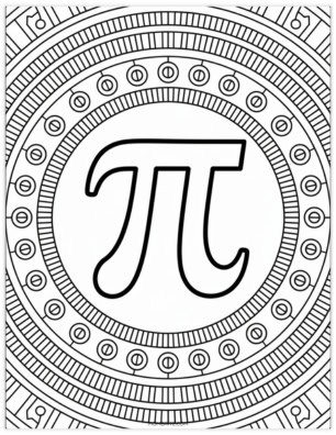 Pi symbol mandala coloring page with detailed concentric circle geometric patterns