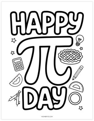 Happy Pi Day coloring page with a large pi symbol surrounded by a calculator, ruler, protractor, compass, and light bulb