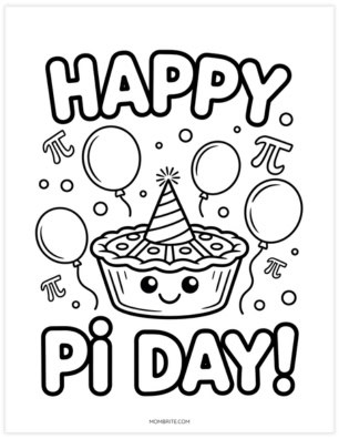 Happy Pi Day coloring page with a pie wearing a party hat surrounded by balloons and pi symbols