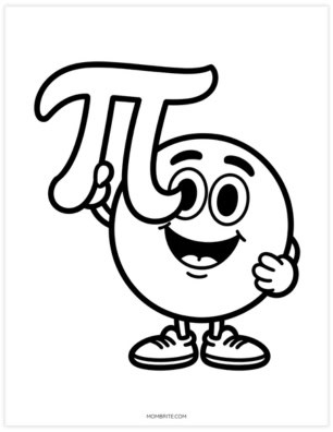 Cute pi character coloring page with a smiling face and sneakers giving a thumbs up