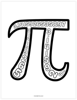 Pi symbol coloring page with the digits of pi (3.14159265...) filling the inside of the symbol