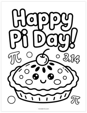 Happy Pi Day coloring page with a cute kawaii pie with a cherry on top, pi symbol, and 3.14