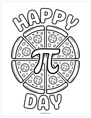 Happy Pi Day coloring page with a pepperoni pizza and a pi symbol in the center