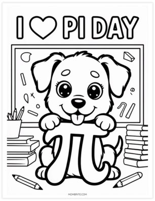 I Love Pi Day coloring page with a cute puppy holding a pi symbol in a classroom with books and pencils