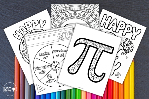 Pi Day coloring pages spread out on a table with coloring pencils