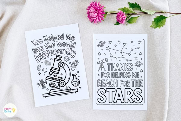 Free printable STEM teacher appreciation cards with lightbulb gears math equation and beaker designs