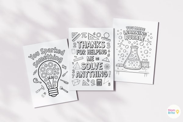 Free printable STEM teacher appreciation cards with microscope and constellation designs kids can color