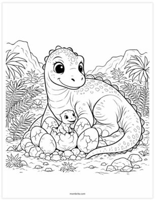 Mama dinosaur nest with eggs coloring page