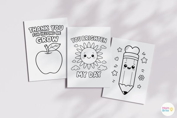3 simple teacher appreciation cards for kids ages 4 to 6 with bold outlines ready to color
