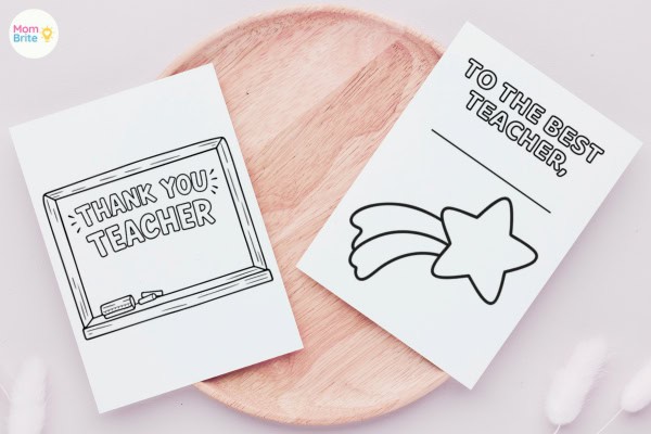 Printable thank you teacher cards with chalkboard frame and star outline for kids to color