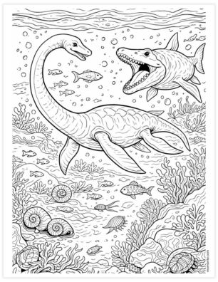 Underwater prehistoric scene coloring page