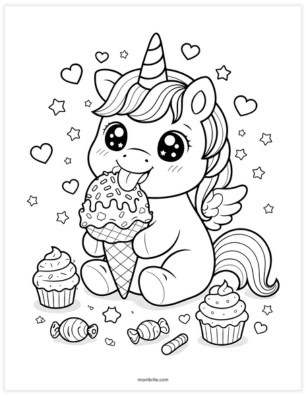 cute unicorn eating ice cream coloring sheet for kids