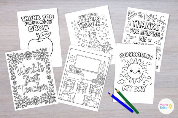 Free printable teacher appreciation cards kids can color including apple sunshine beaker math and classroom designs on a wood background