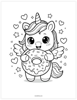 kawaii unicorn with donut coloring page