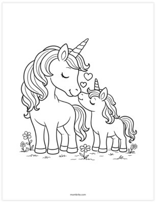 mama and baby unicorn coloring page for kids