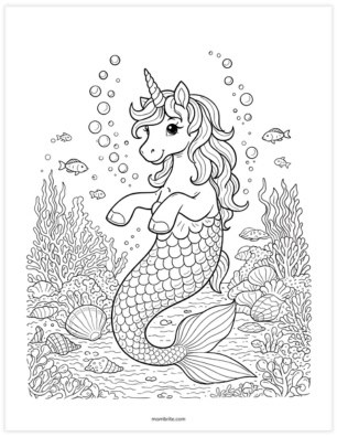 mermaid unicorn underwater coloring page for older kids