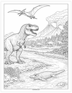 multi-dinosaur scene coloring page