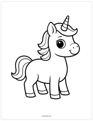 simple standing unicorn coloring page for toddlers