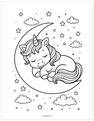 sleeping unicorn on crescent moon coloring page