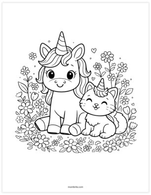 unicorn and cat coloring page for kids